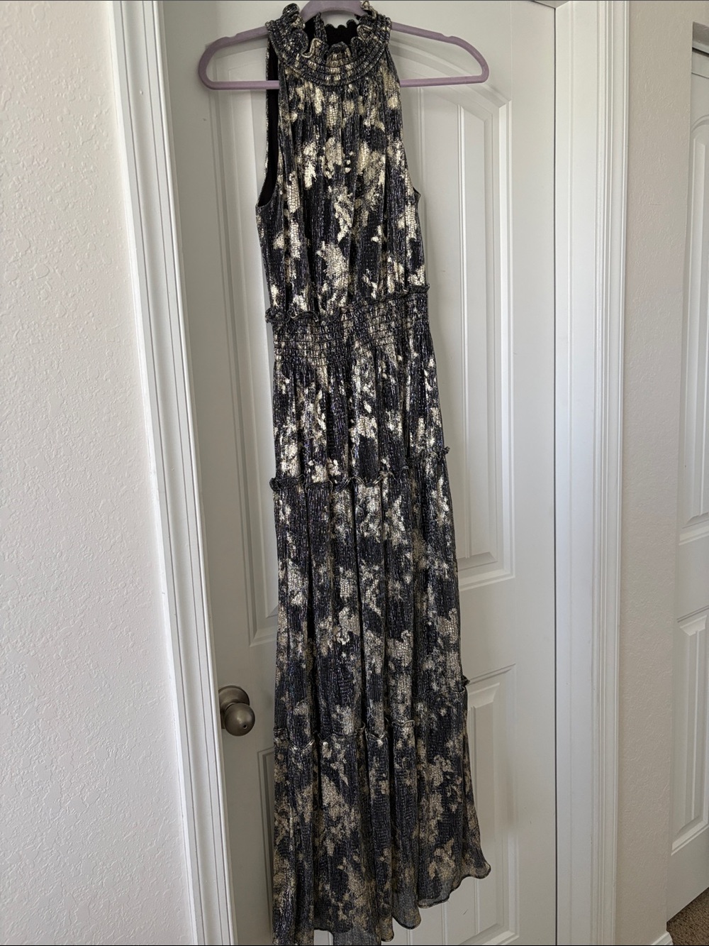 Halter Floral Tiered Maxi Dress - Black & Champagne/Gold